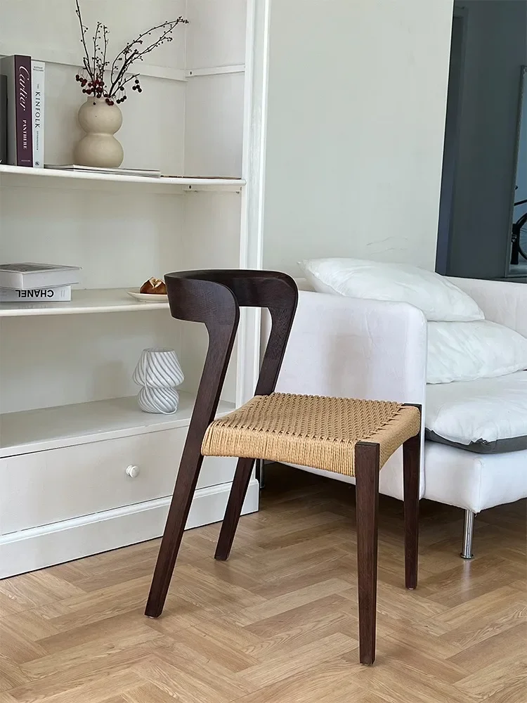 Solid Wood Rope Dining Chair Household Antique Leisure Designer Backrest Chair Scandinavian Simple Sedentary Study Chair