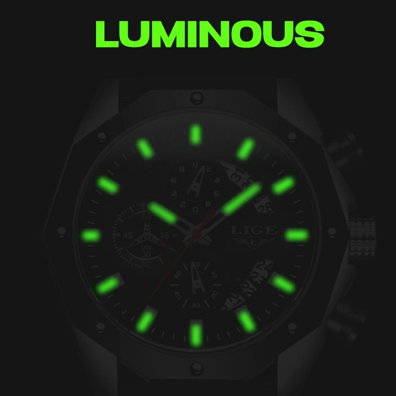 LIGE Fashion Luxury Quartz Man Watch Silicone Strap Casual Sport Waterproof Watches for Men Chronograph Auto Date Military Clock