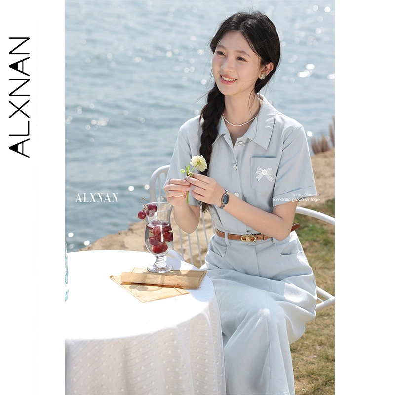 ALXNAN حجم كبير فستان أزرق طويل أنيق ليوسيل قميص فستان المرأة 2025 الدانتيل شال عطلة ملابس السيدات غير رسمية D10851