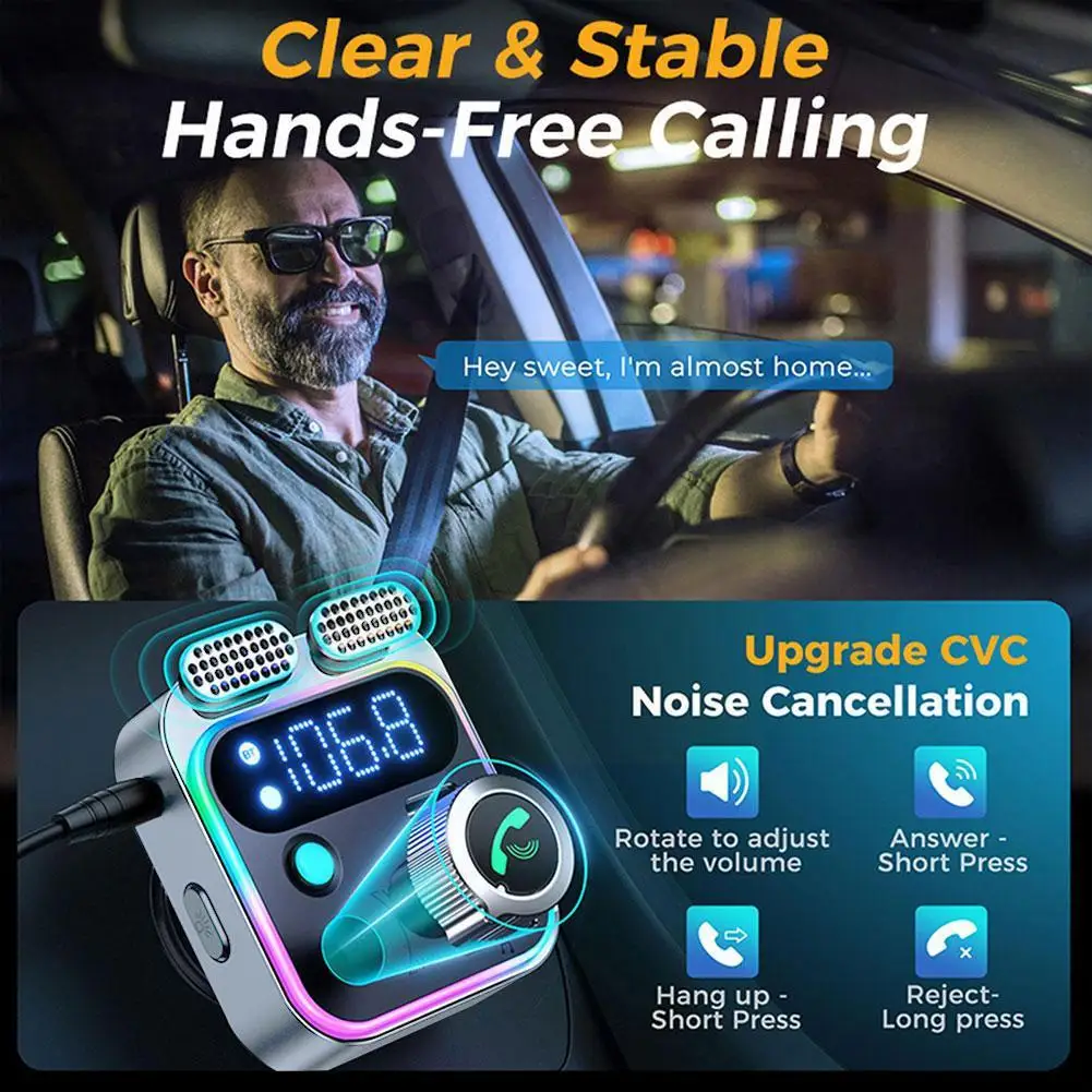 Transmisor Fm con Bluetooth 2023 para coche, [Micrófono Dual de sonido de graves profundos], cargador de coche Pd de 48w y qc3.0, adaptador