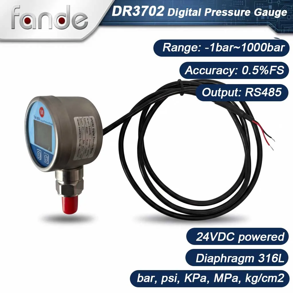 DR3702 24V DC Industrial Pressure Meter RS485 Modbus LCD 0-4MPa Stainless Steel IP54 for Automation System