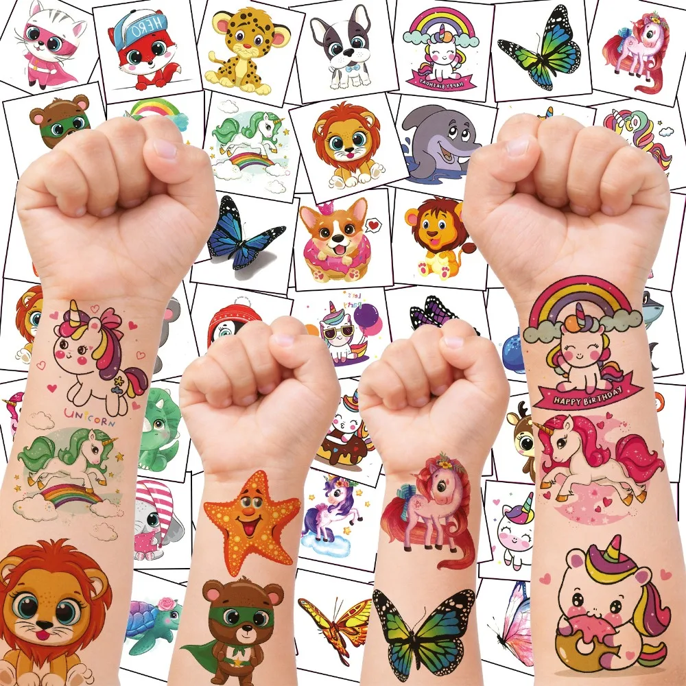 50pcs Random Patterns Cute 3D Animals Butterfly Mermaid Unicorn Kids Temporary Tattoos for Boys Girls 3D Cartoon Fake Tattoos