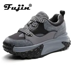 Fujin 6cm krowa prawdziwej skóry Chunky Sneaker zima jesień platforma trampki na koturnie kobiety pluszowe ciepłe ukryte pięty oddychające buty