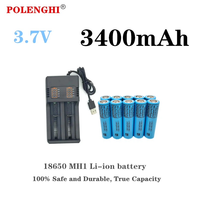 100% true capacity 3.7V 18650 MH1 3400mAh electric tool flashlight, lithium rechargeable multi-functional battery with charger