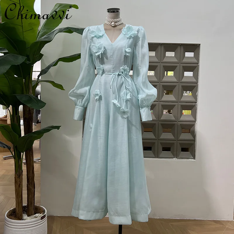 

French Elegant Gentle Fairy Vacation Long Dress V-Neck Lantern Sleeve 3D Flower Lace High Waist Slim A-line Summer Dresses Woman