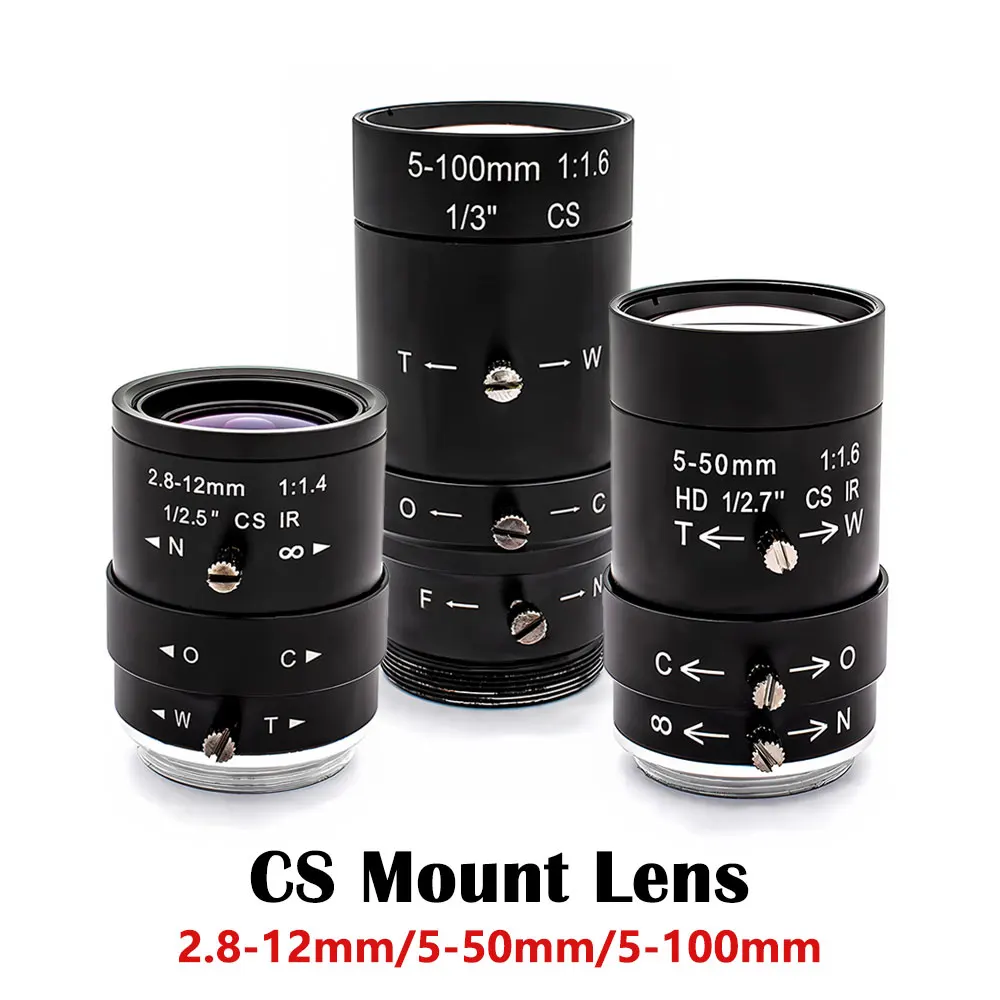 Lente zoom de montagem CS 2.8–12 /5–50 /50–100 mm Lente varifocal de íris manual para visão de máquina industrial ou câmeras de vigilância CCTV