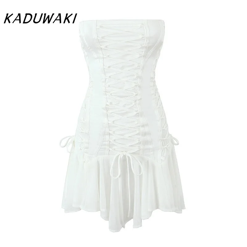 KADUWAKI French Retro Bustier Strapless Tie Dresses Sexy Mesh Slim Splicing Pleated Robe Beach Mini Vestidos De Tricô Femenino