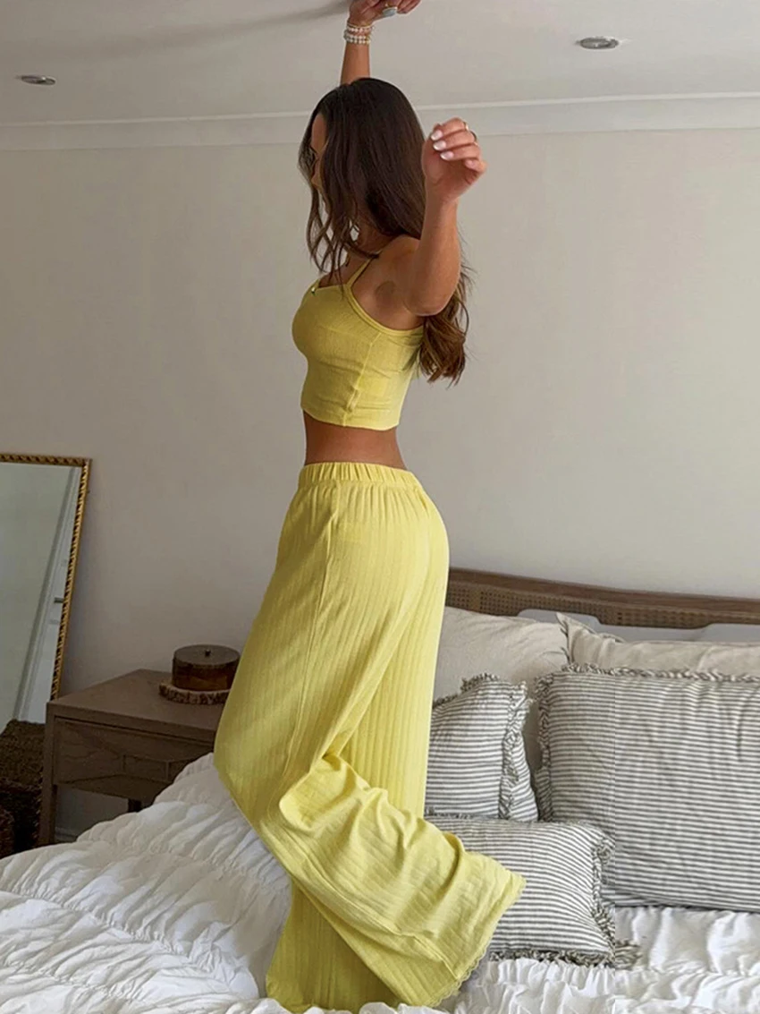 Marthaqiqi Summer Women'S Nightwear Suit Spaghetti Strap Pajamas Tank Tops Sleepwear Corp Top Nightie Pants Home Clothes Ladies