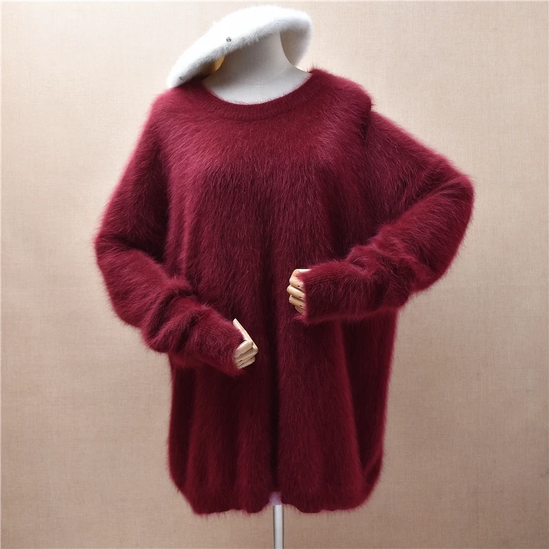 

Ladies Women Autumn Winter Clothing Fashion Red Hairy Plush Mink Cashmere Knitted O-Neck Long Sleeve Loose Pullover Sweater Pull
