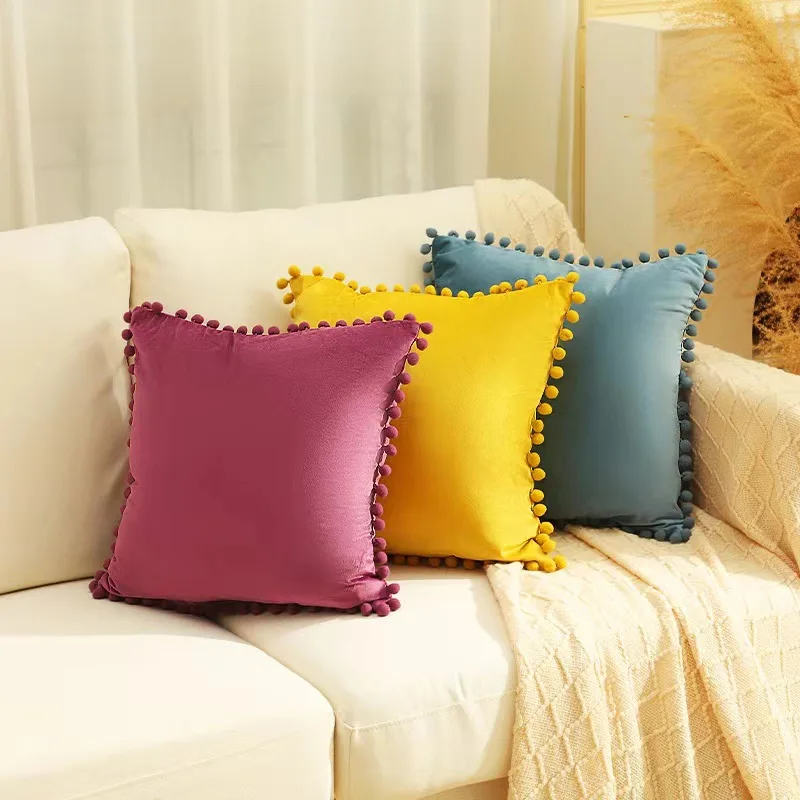 Solid Color Pom-Pom Velvet Cushion Cover, Sofa Bed Pillowcase Nordic Home Chair Cushion Exclusively