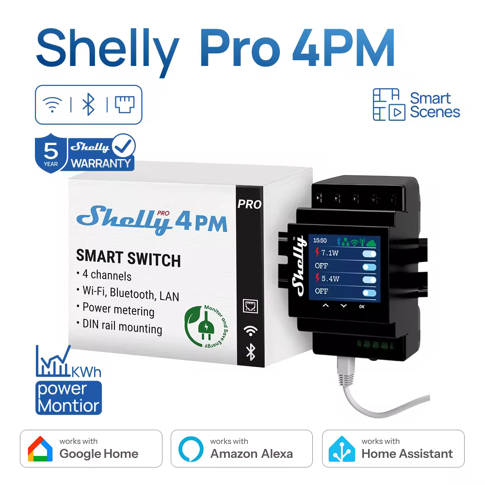 Shelly Pro 4PM מתג LAN רלה עם ארבעה ערוצים מתאים לאוטומציה ביתית עם שלט רחוק למדידת כוח