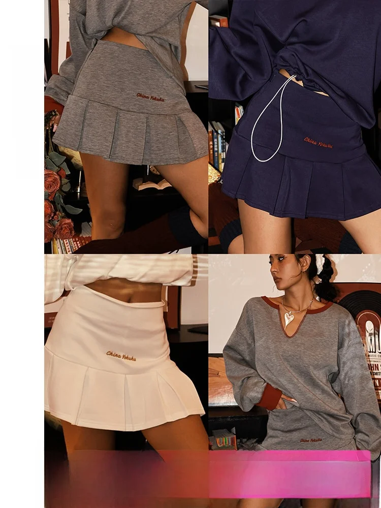 

Sporty Style Anti-Light Skirt Embroidered Pleated Women's Short Skirt Yikukuu Casual Pure Color mid Waist A-Line Skirt