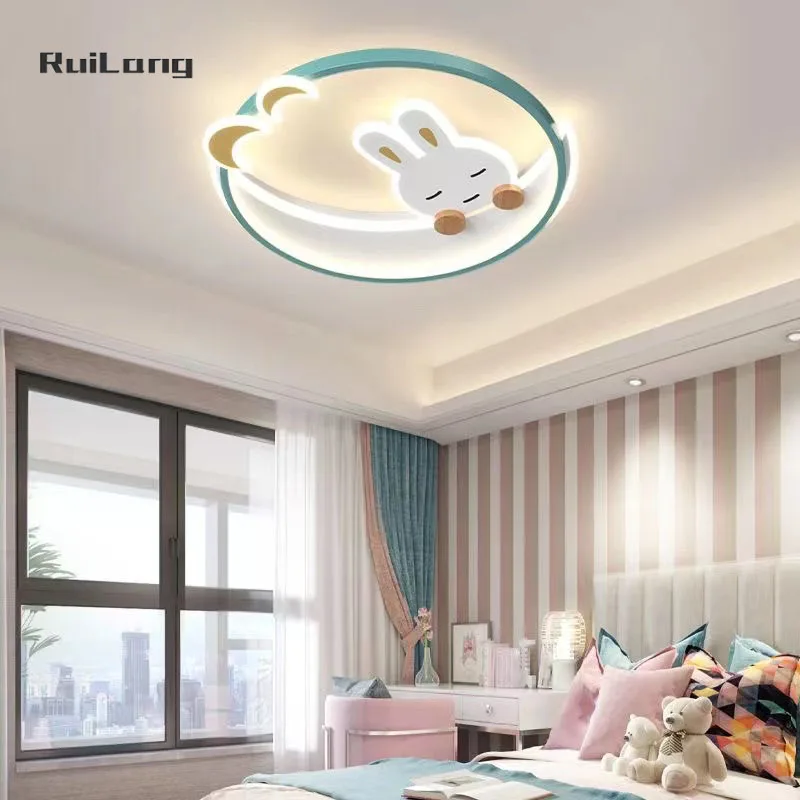 Cartoon Rabbit Moon Ceiling Lights For Children's Room Decor Cute Pink Chandelier Kids Baby Princess Girls Bedroom Ceiling Lamp