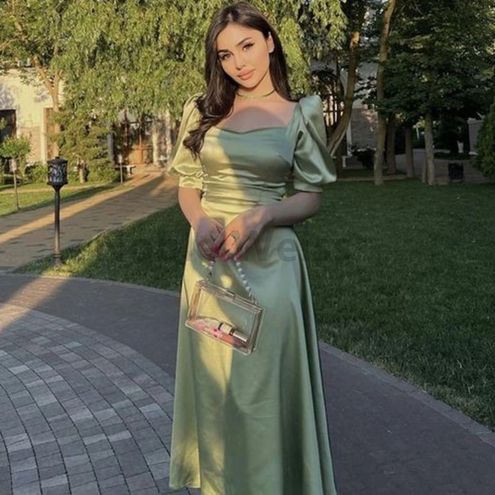 

Атласные платья для выпускного вечера с квадратным воротником длиной до пола, вечерние платья трапециевидной формы на заказ