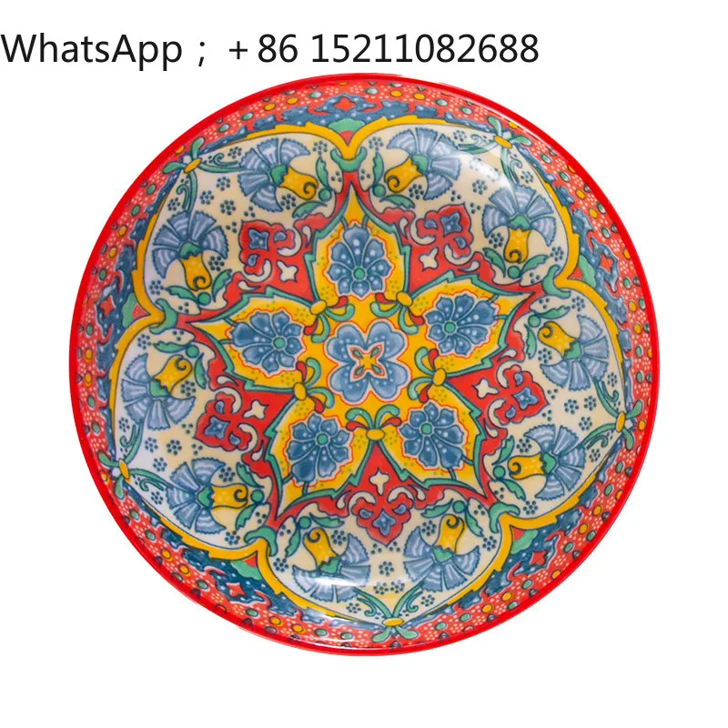 LLY Bohemian style round ceramic plate, creative household tableware, high value steak fruit dessert plate