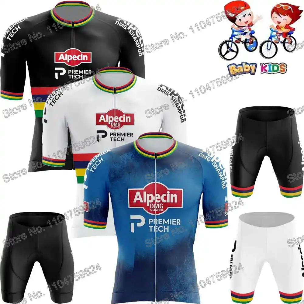 Niños Alpecin Premier-Tech 2026 Campeón del mundo Conjunto de maillot de ciclismo Verano Muchachos Ropa de ciclismo Traje de camisa de bicicleta de carrera de carretera Manga corta BTT Pantalones cortos de bicicleta