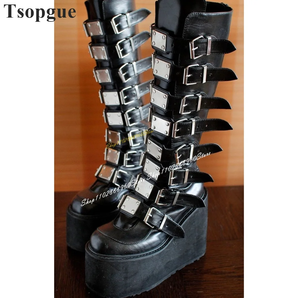 Punk Style Mid Calf Black Buckle Strappy Thick Soled Boots Flat With Shoes For Women Round Toe 2024 Fashion Zapatos Para Mujere