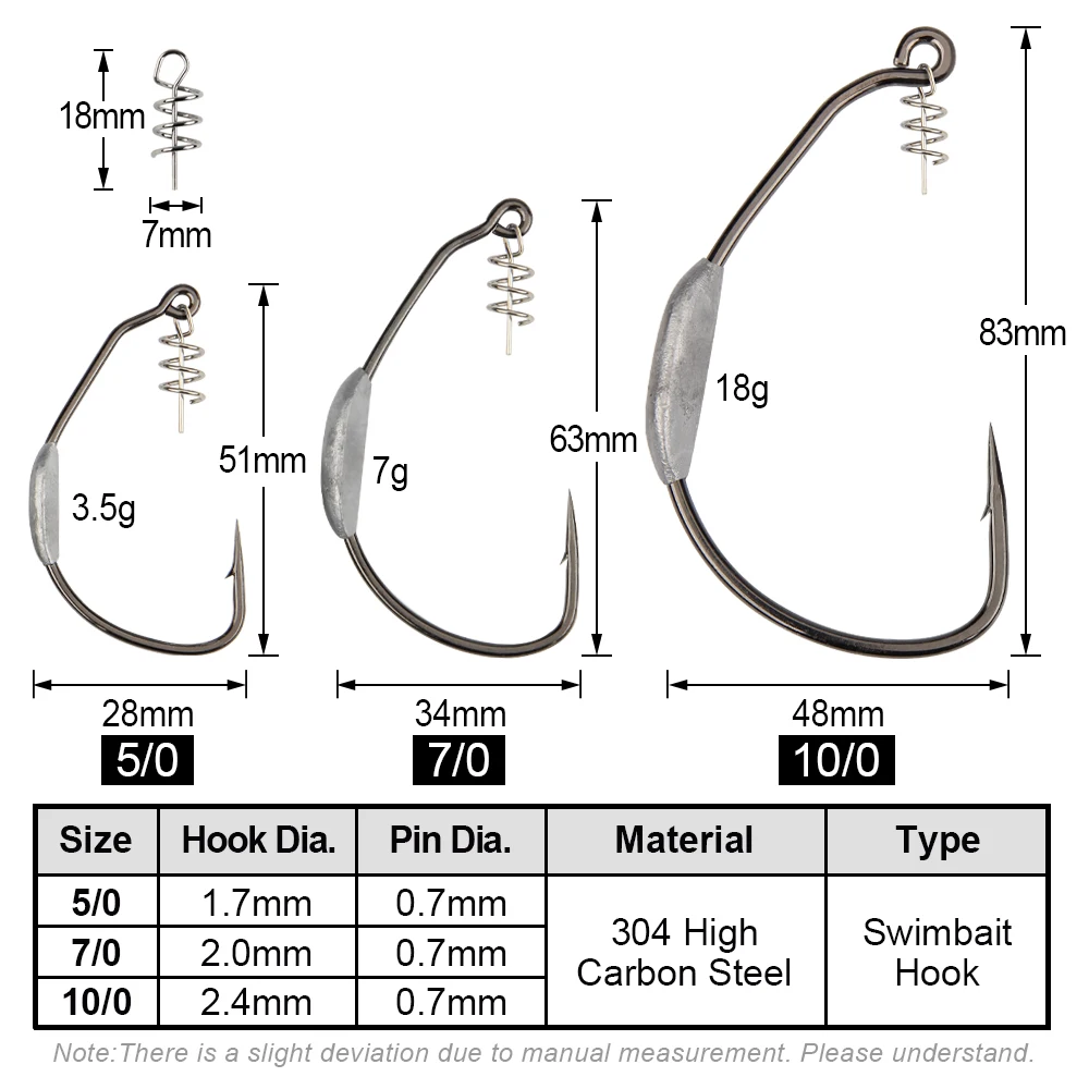 Spinpoler Weighted Swimbait Hook With Centering-Pin Spring For Weedless Rigging Plastics Flukes Tubes Creature Baits Fishing