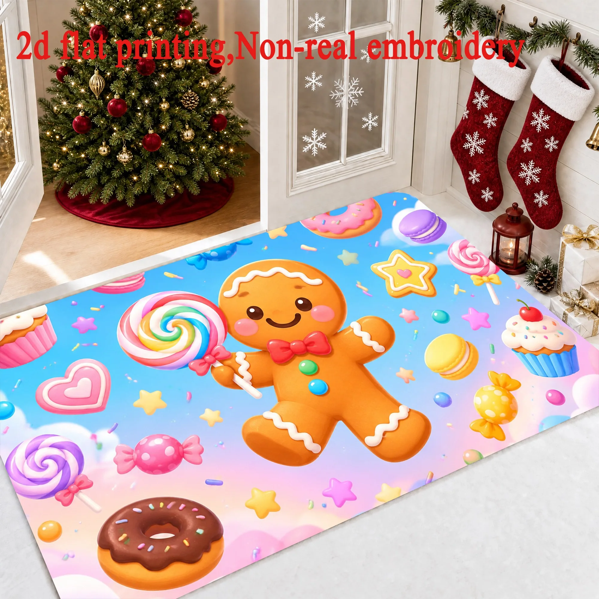 Christmas Three Gnome Character Floor Rug Cream Background Doormat Holiday Decor Printed Mat for Front Door Living Space