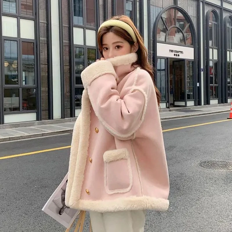الخريف والشتاء الكورية أزياء فضفاضة اللون الوردي سميكة جلد الغزلان المخملية الفراء معاطف الوردي أعلى طويلة الأكمام سترة فرو الضأن #3