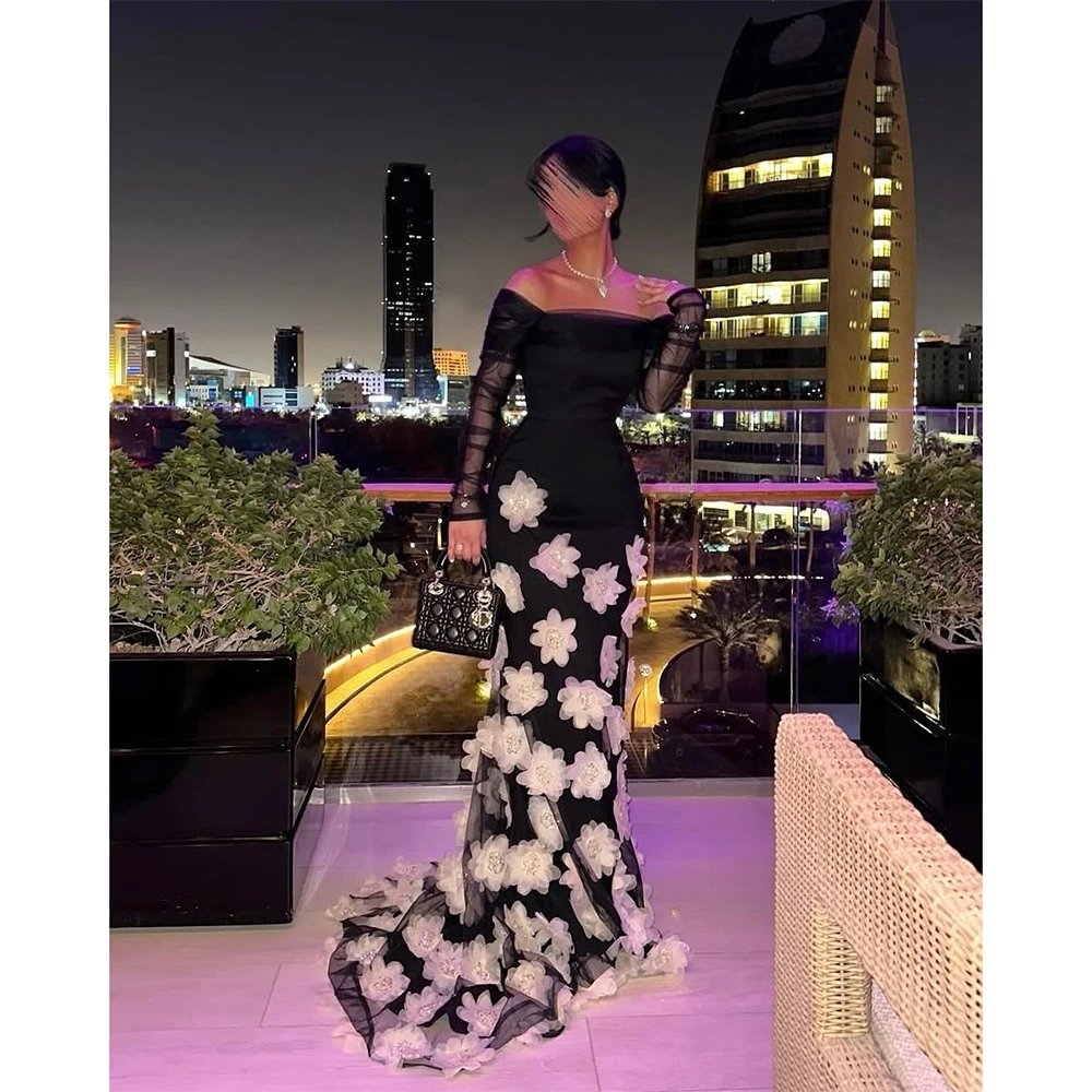 

Изысканное вечернее платье с открытыми плечами и длинными рукавами, цветы, вечерние платья русалки для женщин, 2025 г., вечернее платье по индивидуальному заказу