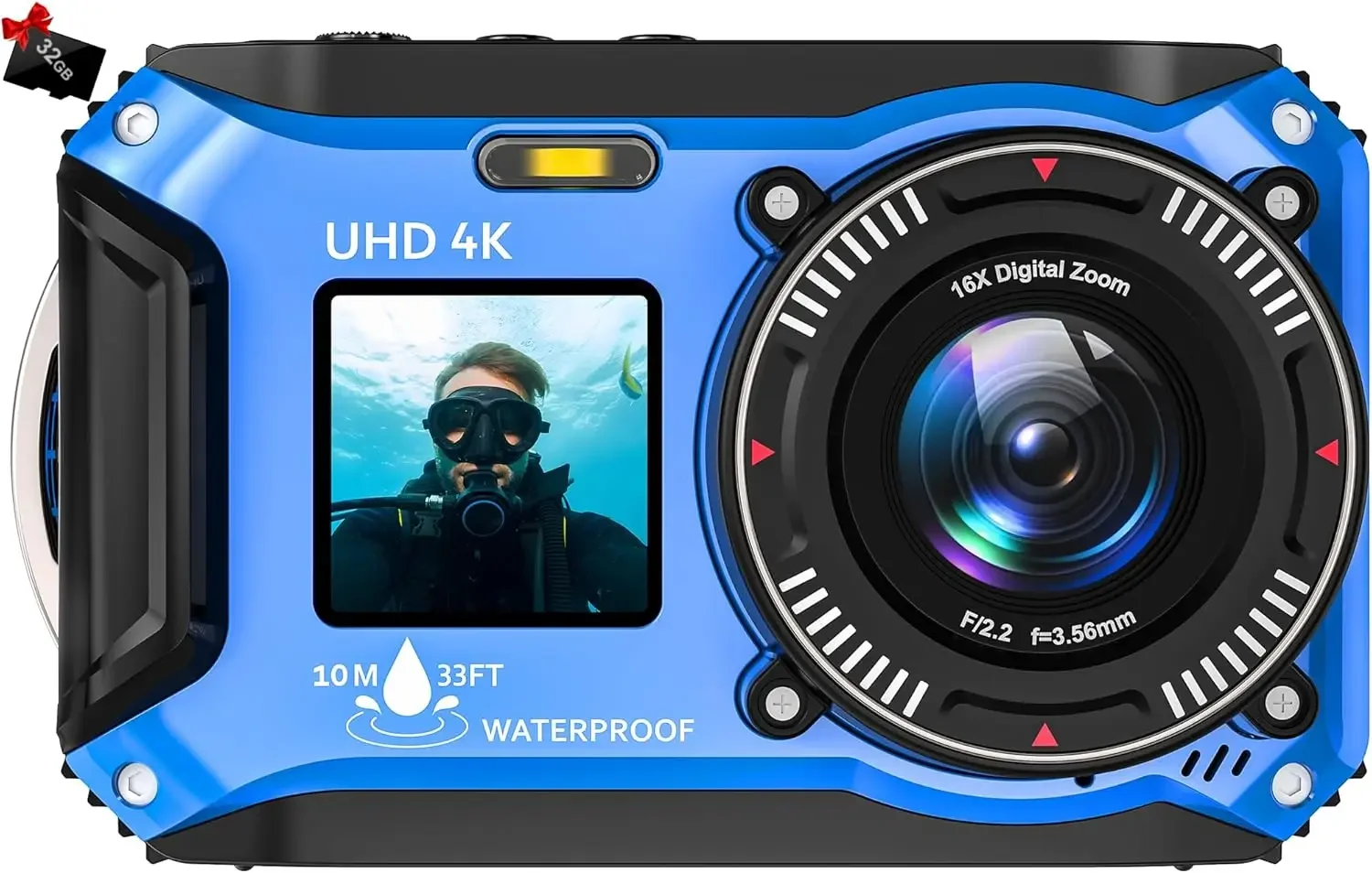 

Digital Camera - 4K 56MP 33FT UHD Underwater Camera for Snorkeling with 32GB Card Dual-Screen Compact Waterproof