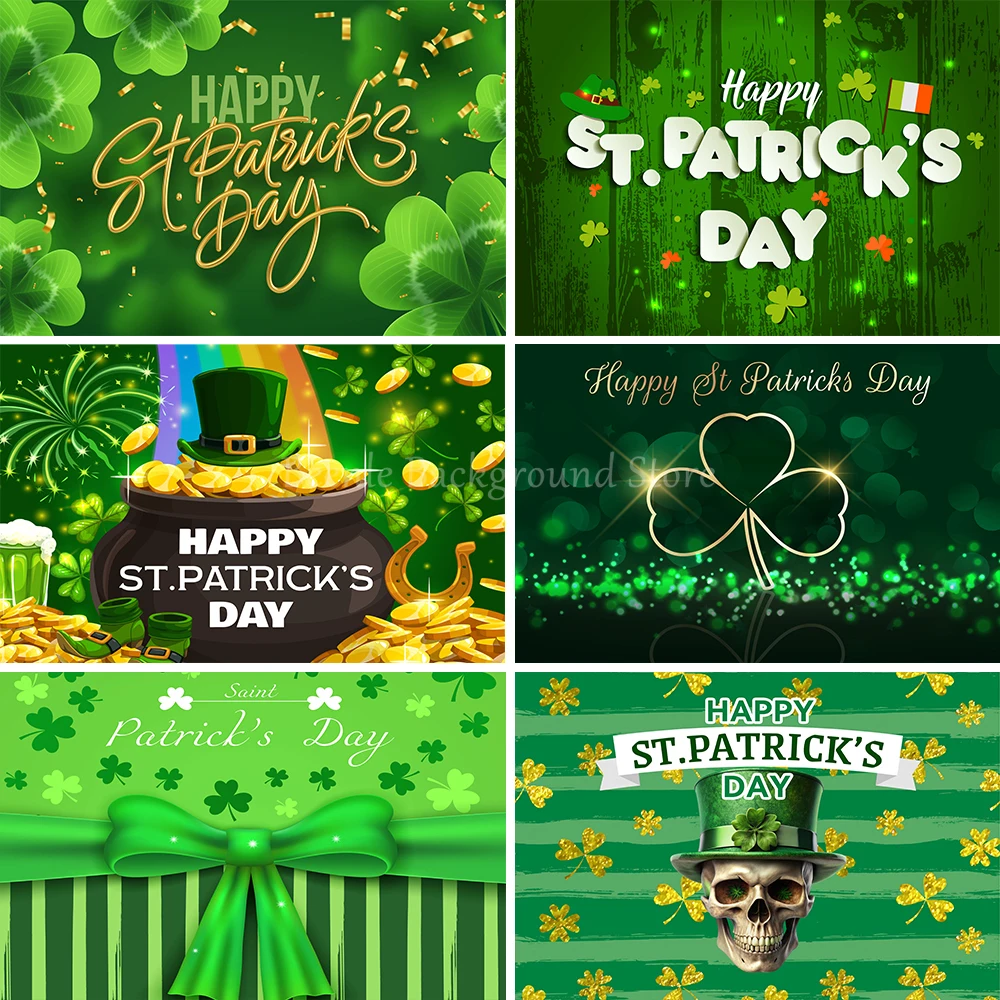 

Happy St.Patrick's Day Photo Background Lucky Green Shamrocks Gold Coin Banner for Festival Party Wall Backdrops Decor