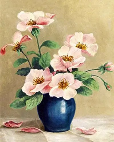 CHENISTORY Pink flowers in a blue vase CHENISTORY Pink flowers in a blue vase
