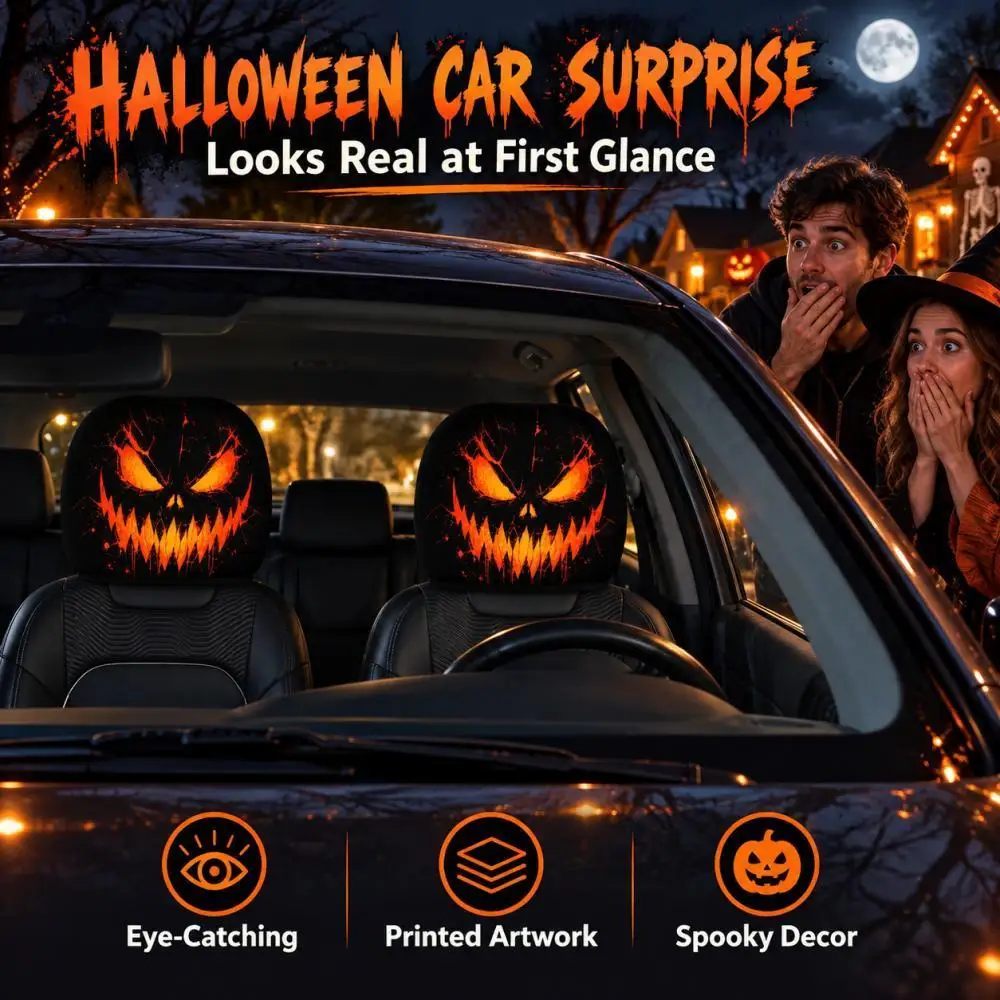 2Pcs Halloween Evil Pumpkin Face Car Headrest Covers Scary Glowing Pumpkin Print Spooky Interior Decor