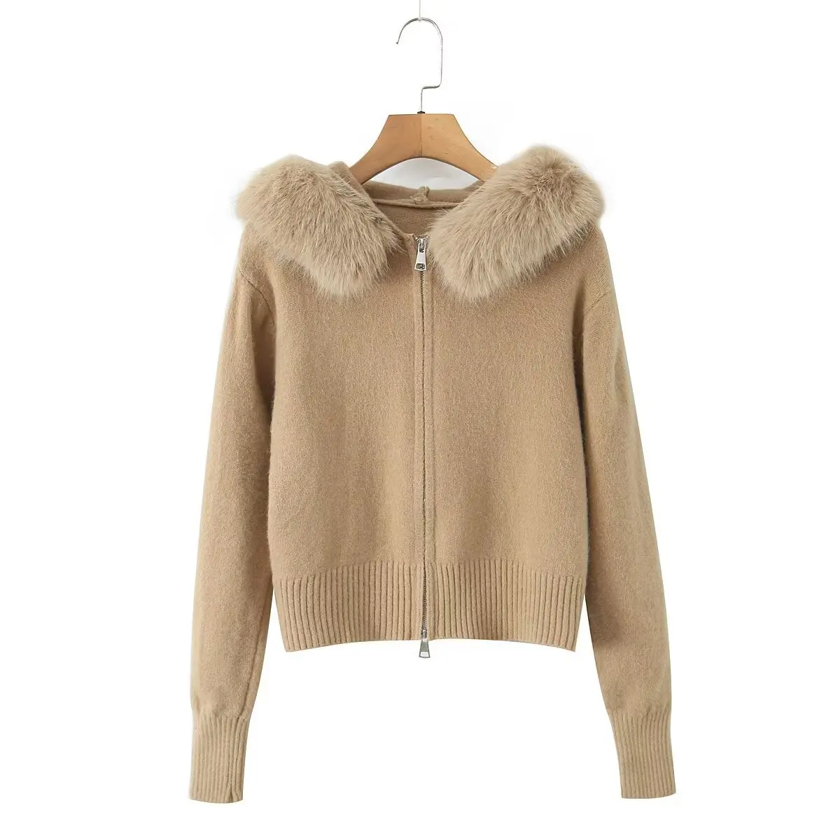 White Faux Fur Hoodies Knitted Women's Cardigan 2025 Winter New Casual Zip-up Warm Black Short Sweater Women Knitwear Streetwear - view 6