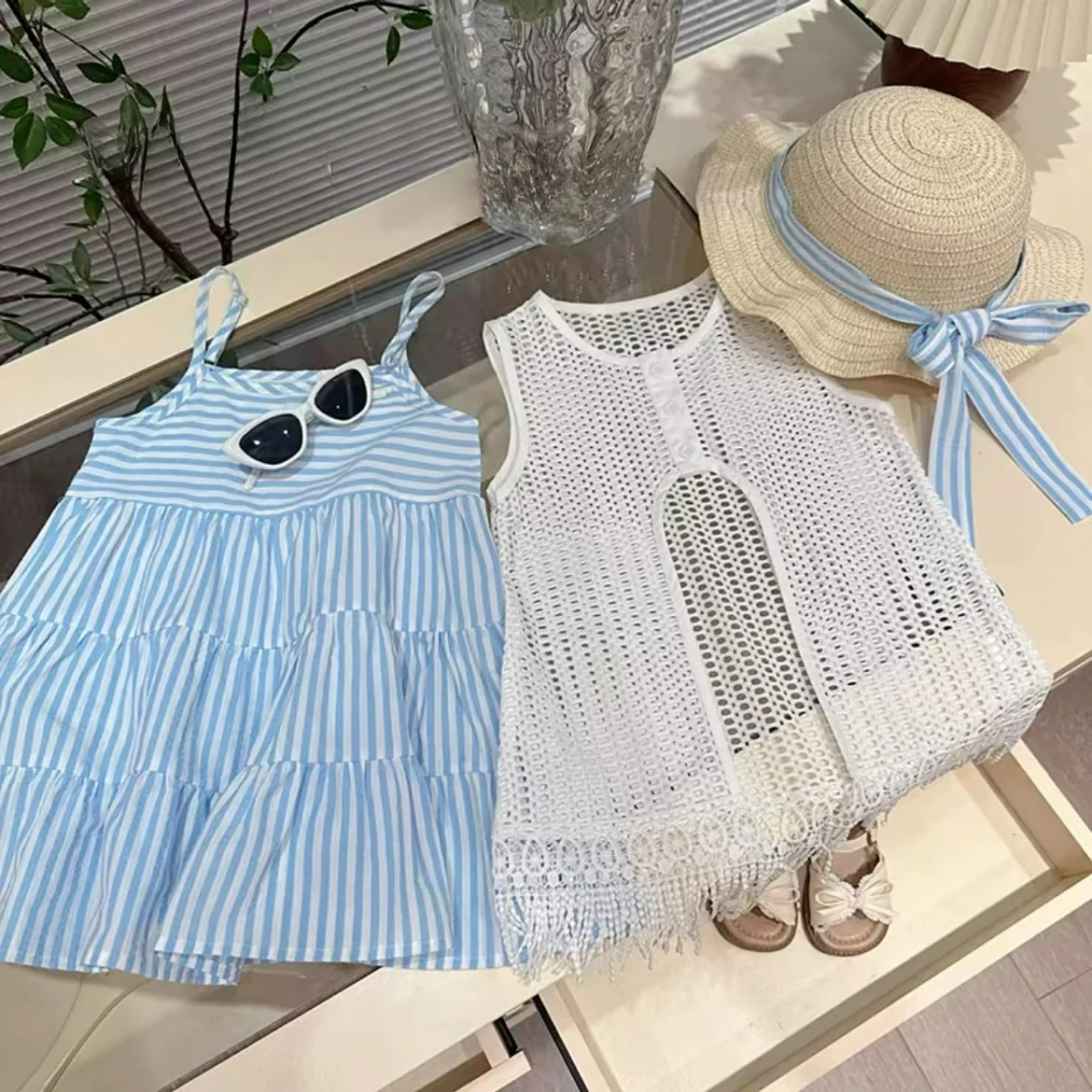 Girls 2025 Summer Dress Set Bohemian Fairy Cover-Up & Spaghetti Strap Dress 2-Piece Set Light Breathable Chic Trendy