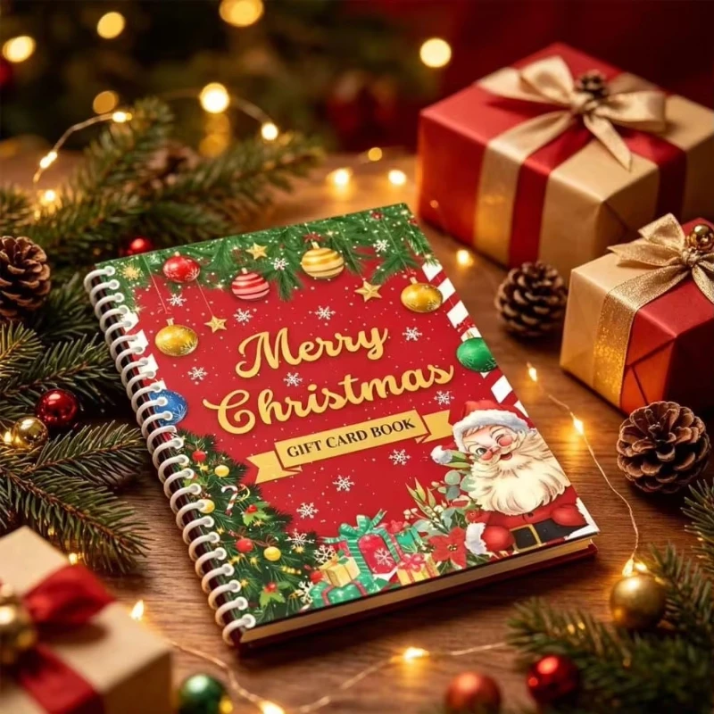 Festive Holographic Christmas Gift Card Booklet Multi-Page Santa Holiday Greeting Coupon Card Holder