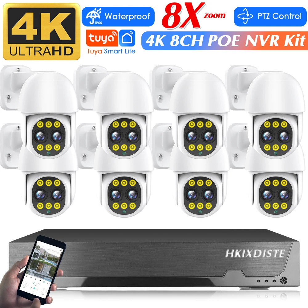 

Tuya 8CH POE NVR Kit 4K Dual Lens 8MP 8X Zoom POE Cameras CCTV Surveillance System Human Detection PTZ IP Security Camera System