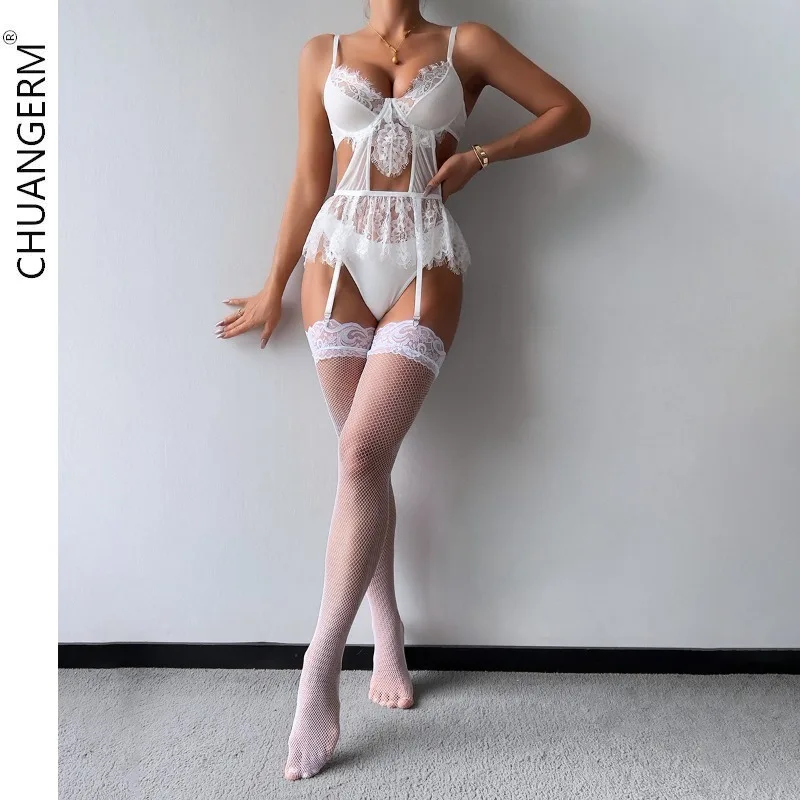 CHUANGERM Lace Romantic Lingeries Cut Out Bilizna Sexy Body G-String Ruffled Stocking Ensemble Lingeries Sexy Honeymoon Outfit