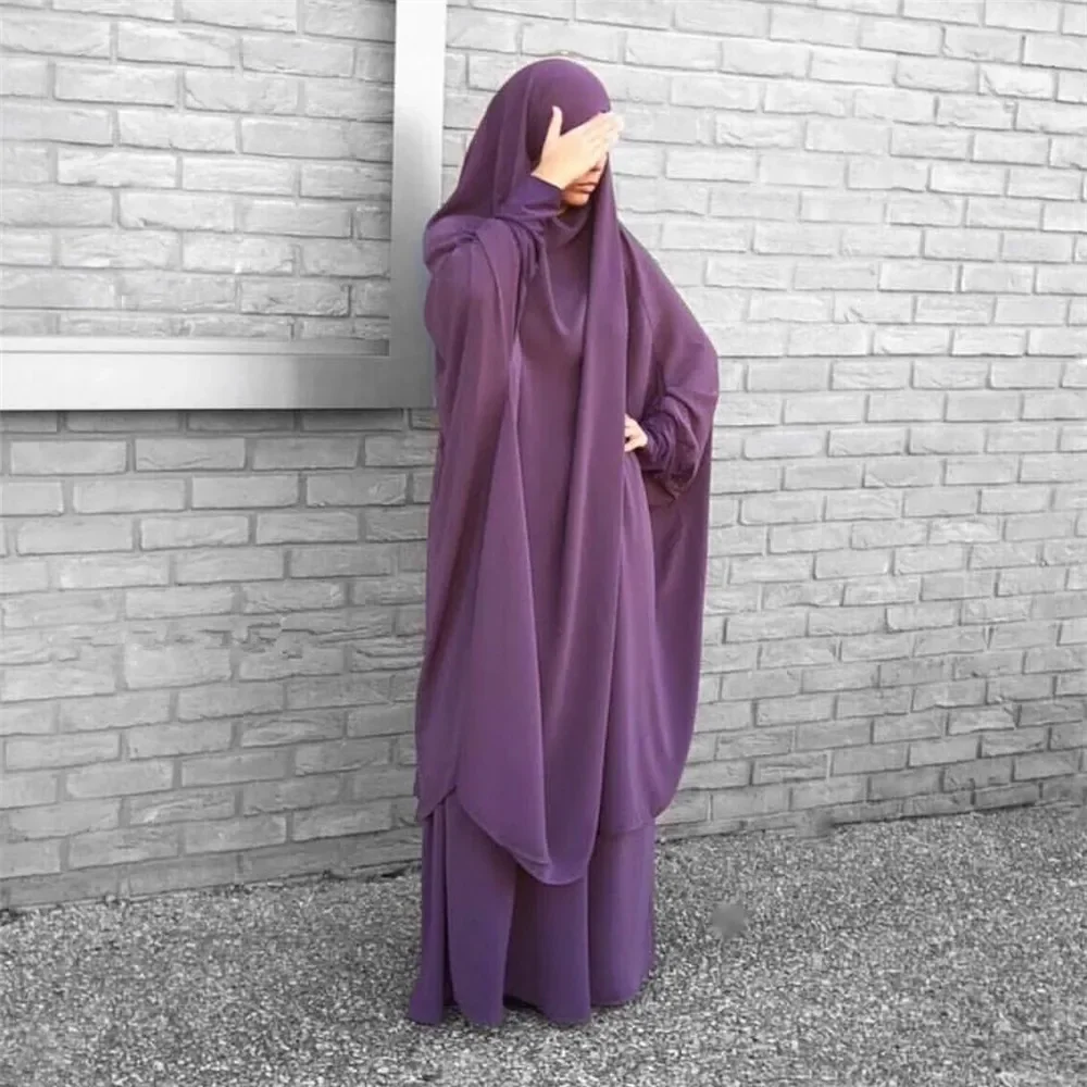 Abaya bertudung Lebaran wanita 2 potong Set doa garmen atasan rok setelan pakaian Islam Abaya Ramadan Khimar Full Cover Kaftan Dress