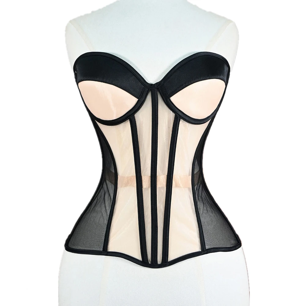 Women Fancy Corset Bustiers Overbust With Bra Sheer Mesh Lace Up Steel Boned Bodices Shaper Lingerie Elegant Wedding Tops