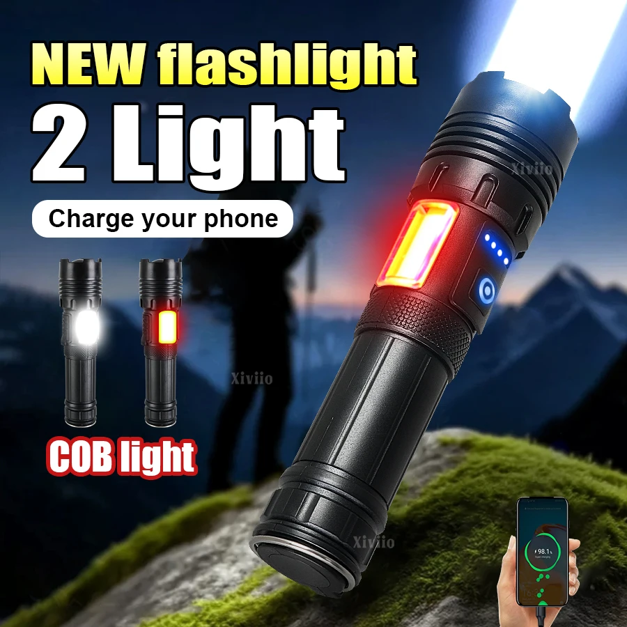 

Новый портативный светодиодный фонарь 2026 года, 7 режимов, перезаряжаемый, с COB-подсветкой, 10000 лм, суперяркий ручной фонарь для кемпинга
