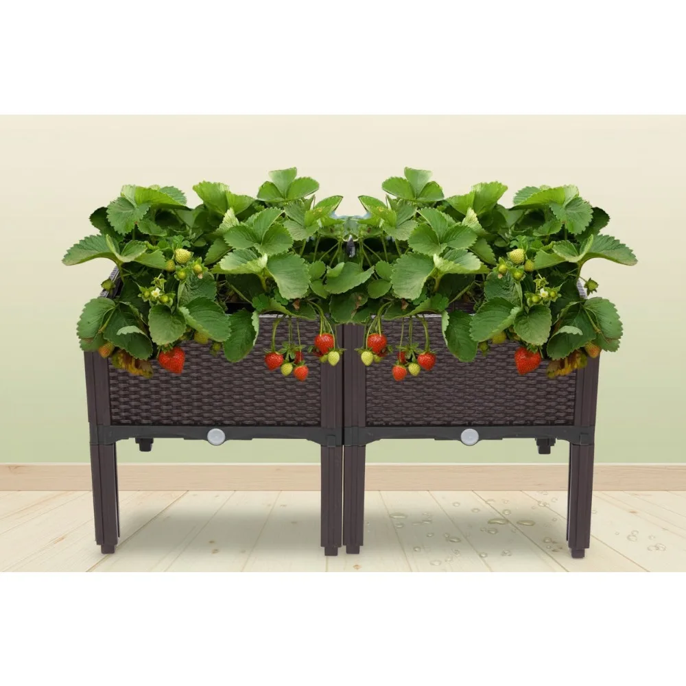 Quadratisches Hochbeet-Gartenbett, selbstbewässernder Pflanzgefäß für Gemüse, Obst, Blumen, für alle Wettergebrauch im Innen- und Außenbereich (2er-Pack)