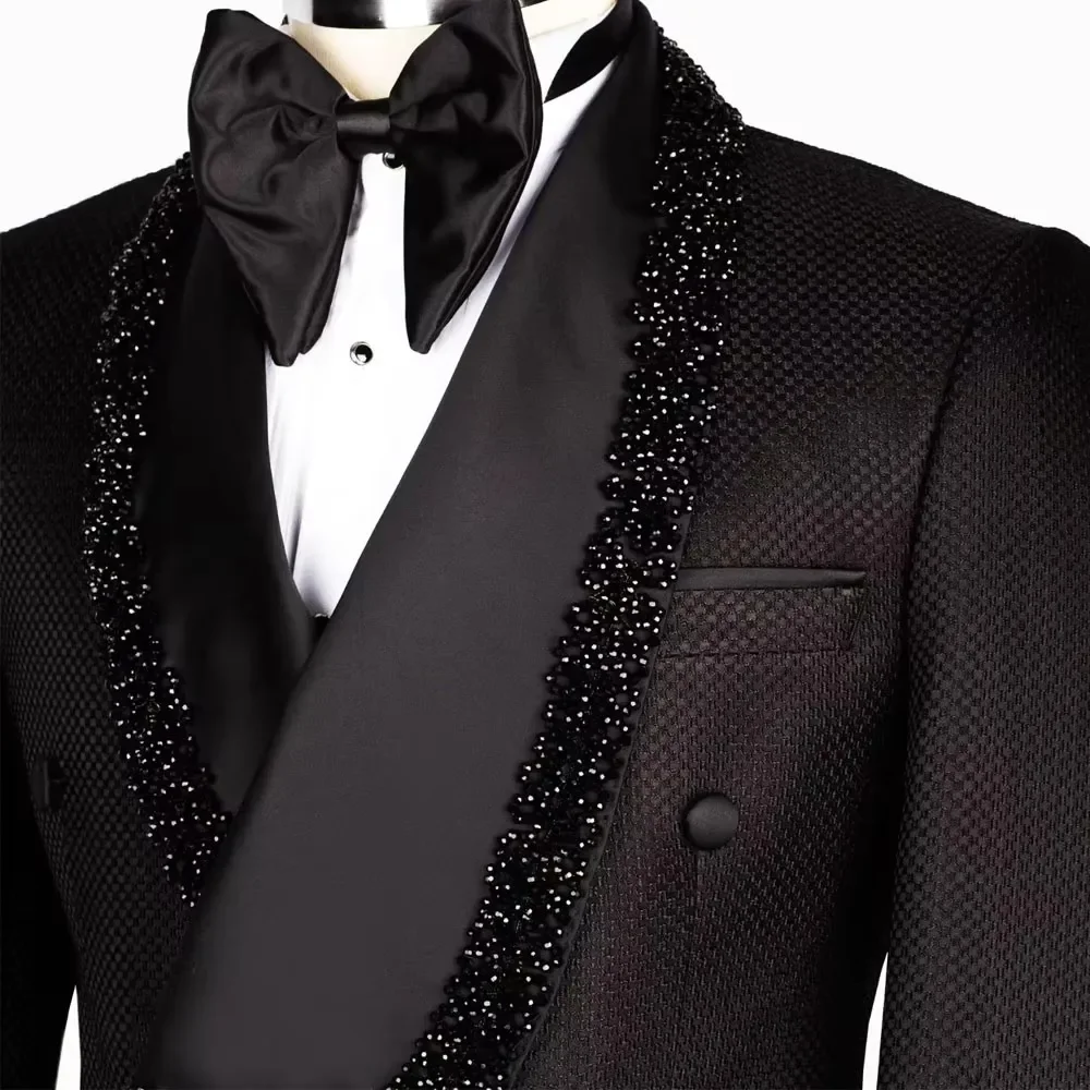 Black Suits Men For Wedding Crysal Beaded Jacket Pants 2 Pieces Groom Tuxedo Formal Business Banquet