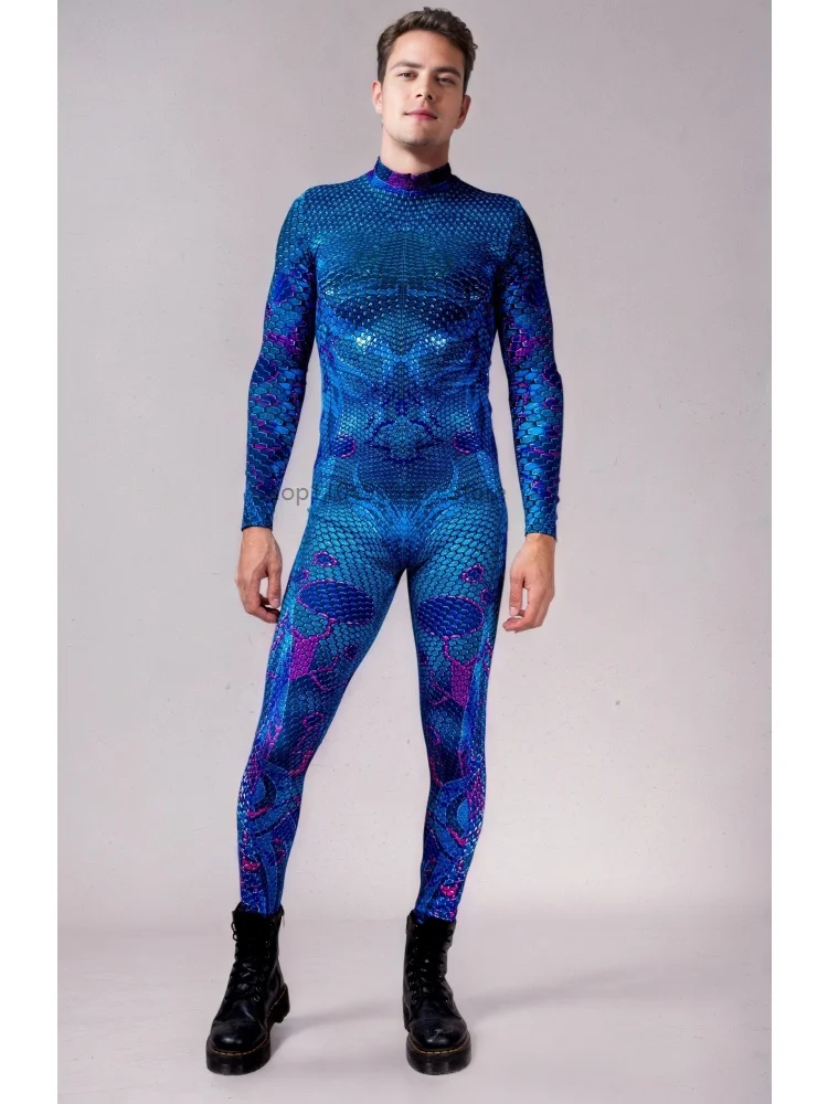 

Blue Cyber Mermaid Walker Jumpsuit Halloween Cosplay Punk Fish Scale Armour Zentai Suit Festival Party Rave Bodysuit 2025