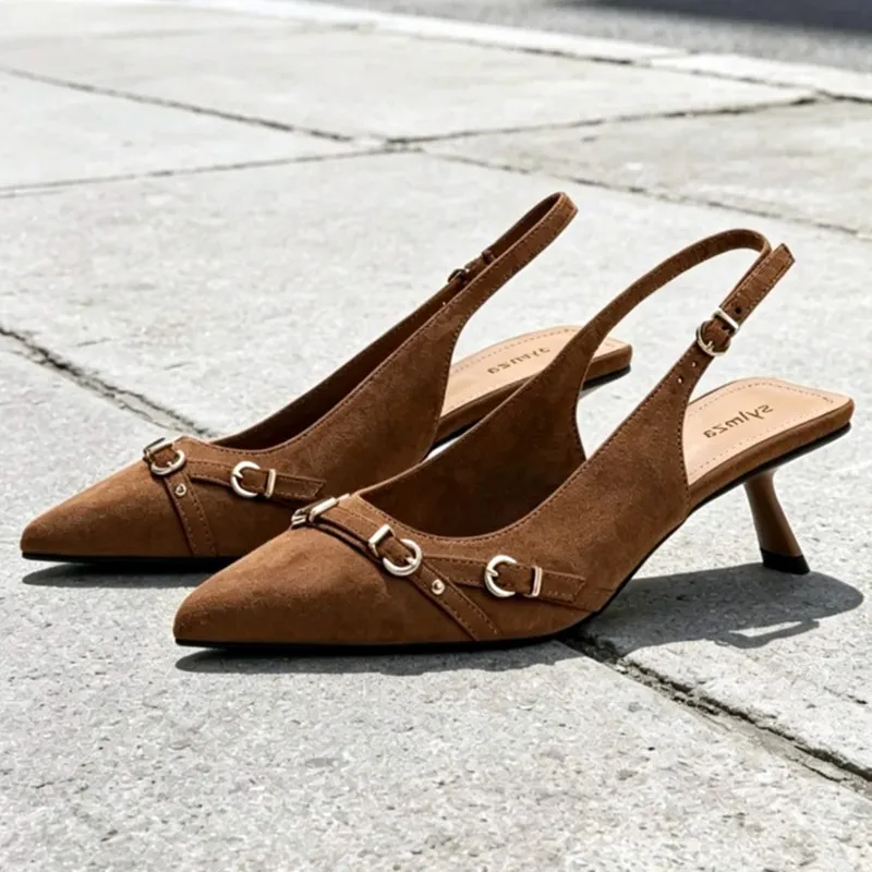 

Fashion Buckle Strap Design High Heels for Woman 2026 Retro Brown Faux Suede Heeled Sandals Summer Pointed Toe Designer Shoes