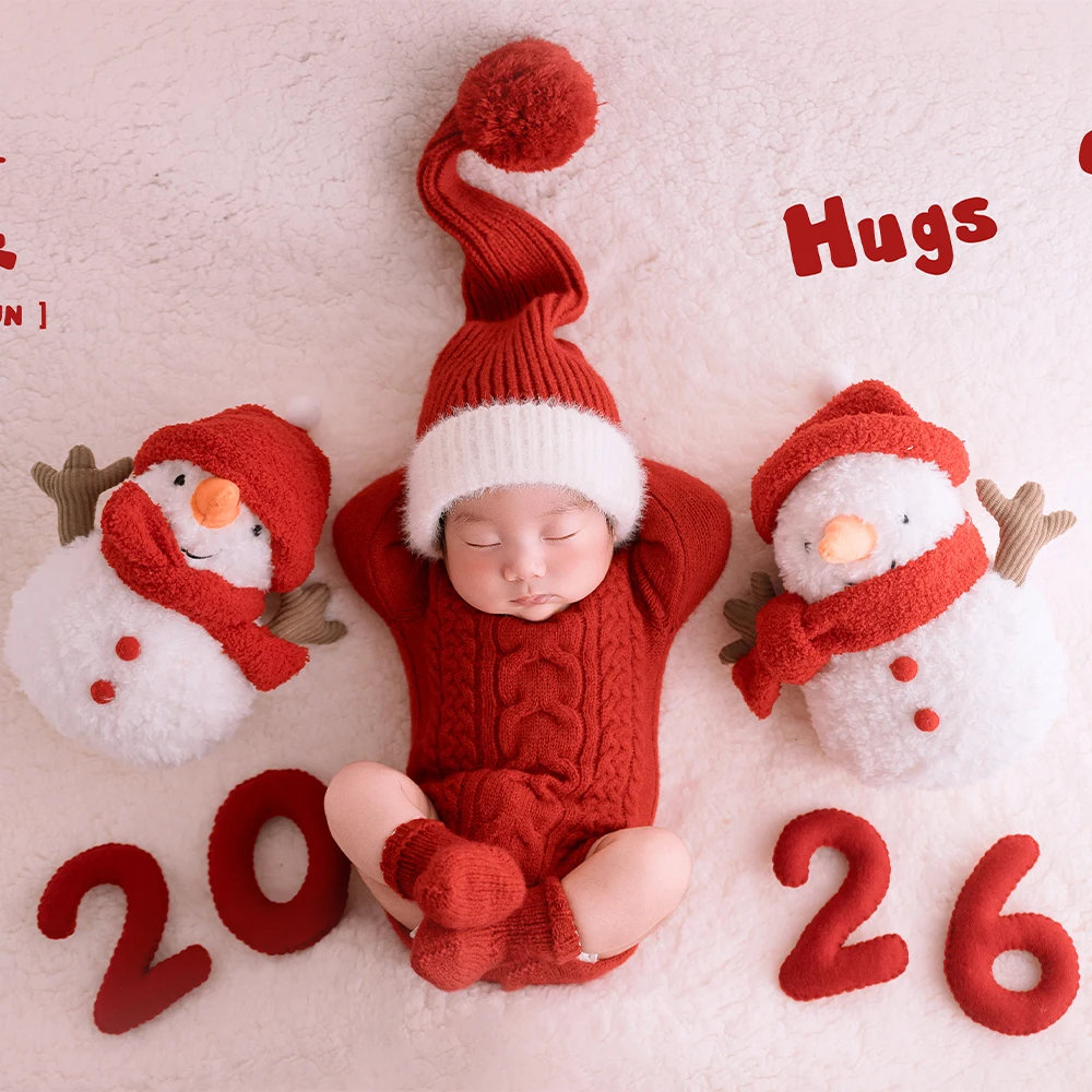 Red Cable Knit Romper +Long Tail Santa Hat Newborn Christmas Photography Props Snowman Decor &2026 Numbers for Baby Photo Shoots