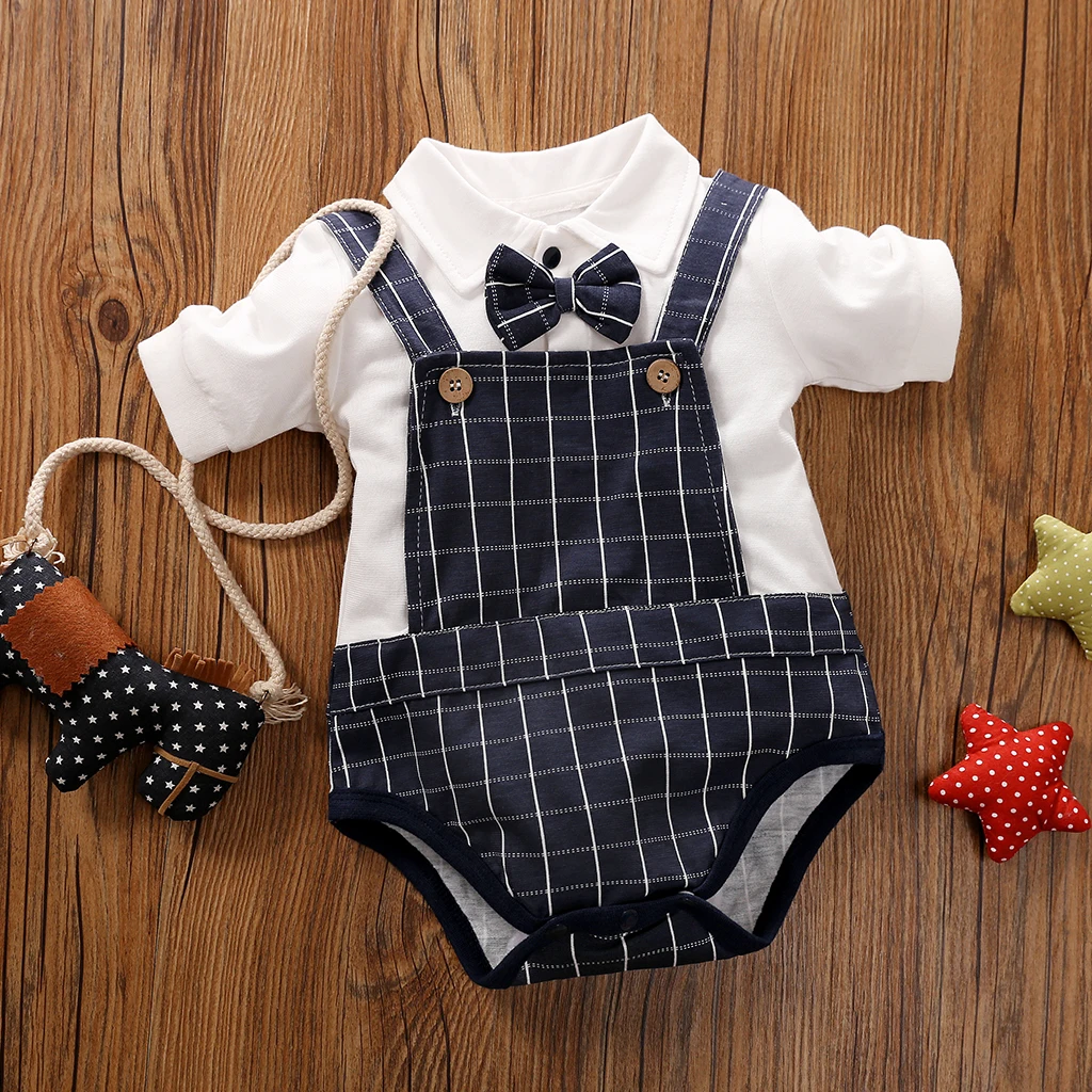 Baby Clothing Toddler Infant Holiday Short Sleeved Gentleman Triangle Baby Boys Clothes Tie Cotton Jumpsuit Costumes