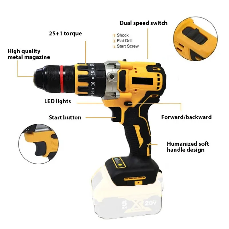 For DeWALT 20V Battery Cordless Electric Drill 20+3 Torque Brushless Impact Hammer Drill 13MM Chuck Screwdriver Power Tools