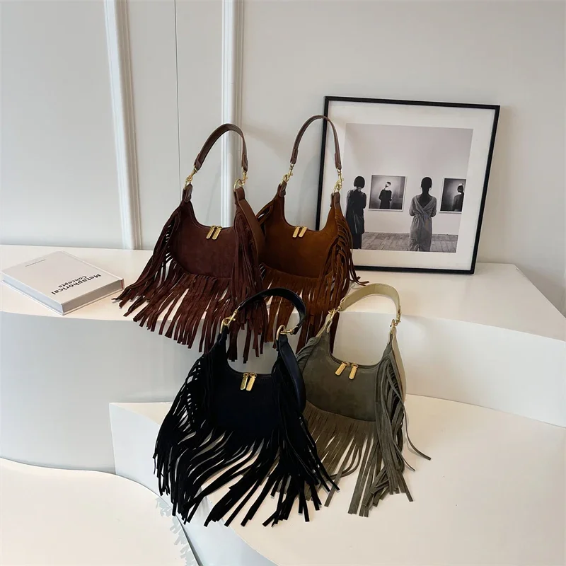 Small Tassels Design Shoulder Bags Women 2024 New Korean Fashion Punk Style Underarm Bags Trendy Retro Pu Leather Handbag Female