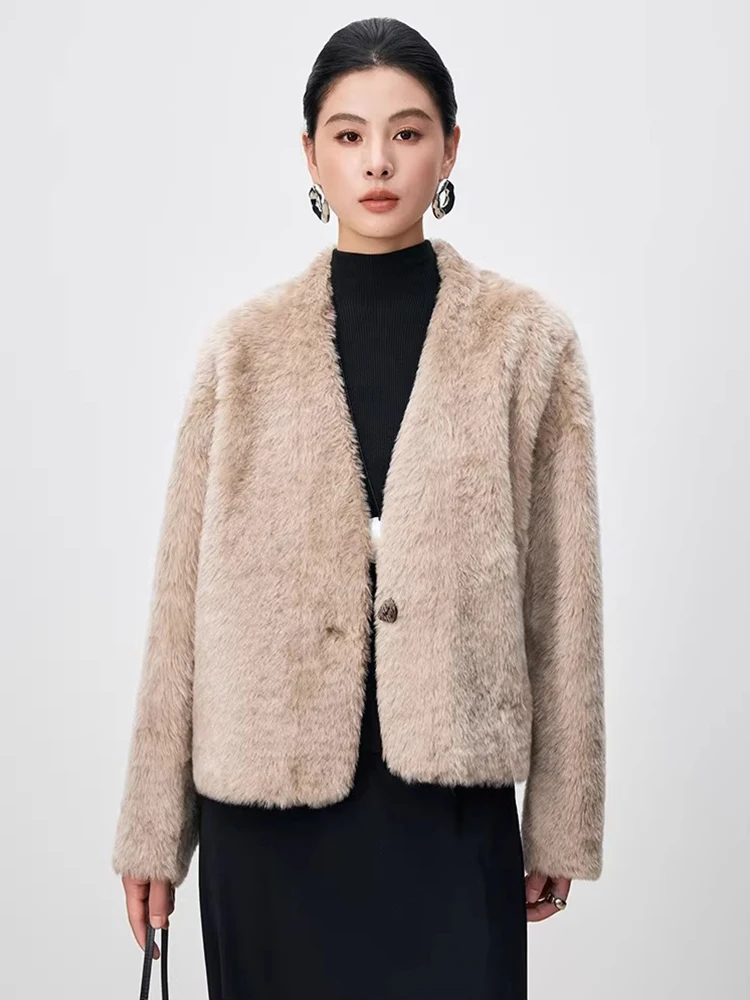 

High-end Luxury Lacon Lamb Fur Plush Jackets for Women 2026 Simple V-neck Short Winter Genuine Leather Real Fur Shearling Coat