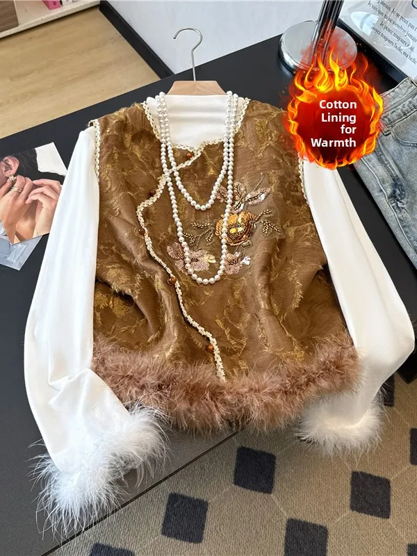 

New Chinese Sle High-End Sensation Luxury Sequin Frayed Jaet Cotton Inserted Svel Slanted Button up Top for Women