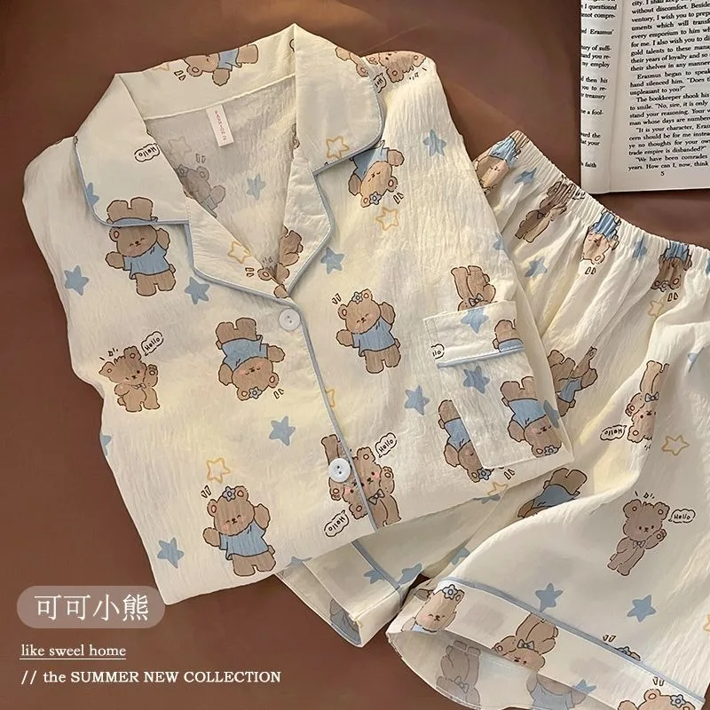 

Милый стильный хлопковый открытый кардиган с короткими рукавами, свободный женский комплект одежды для сна, Новое поступление лета, домашняя одежда, шорты