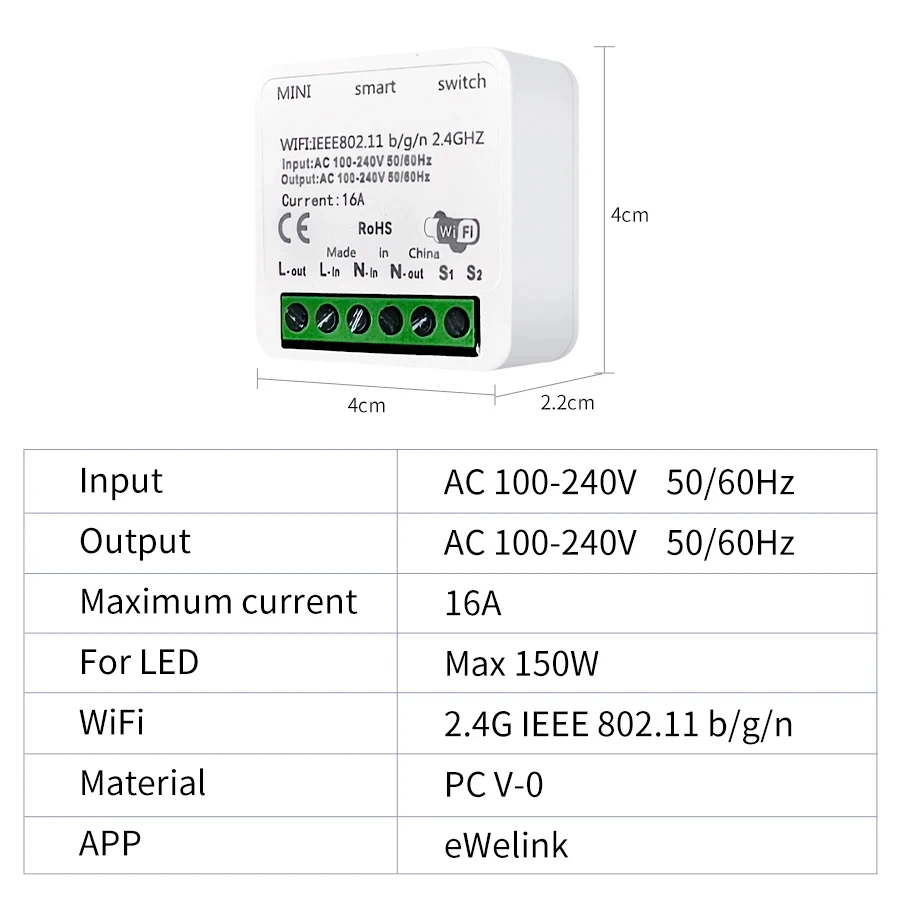 16A Mini WiFi Smart Switch DIY Breaker Relay Light Switch Timer Function EWeLink App Works with Alexa Google Assistant