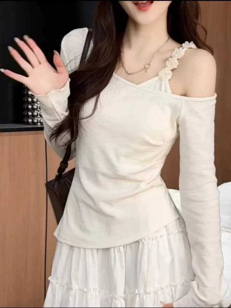2026 Ropa Mujer Fake Two Pieces Woman Tshirts 3d Flower Patchwork Skew Collar Tops Fashion Korean Slim Fit All Match ​t-shirt